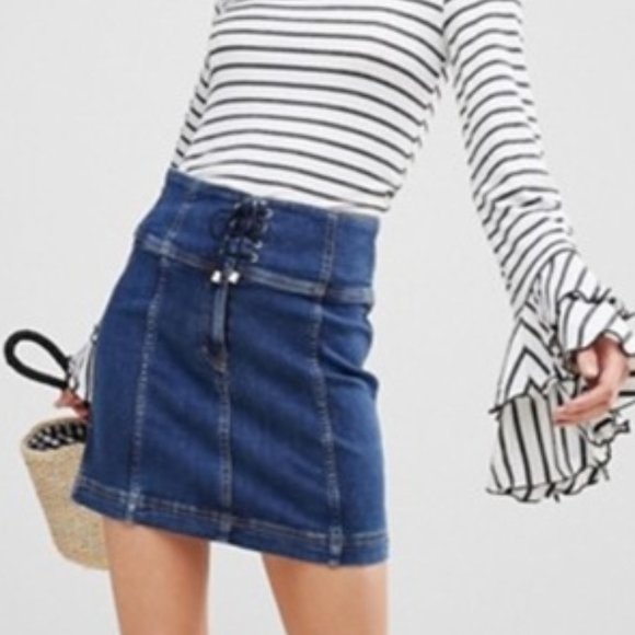 ✨HP✨FREE PEOPLE Modern Femme Corset Denim Jean Skirt - Picture 1 of 10